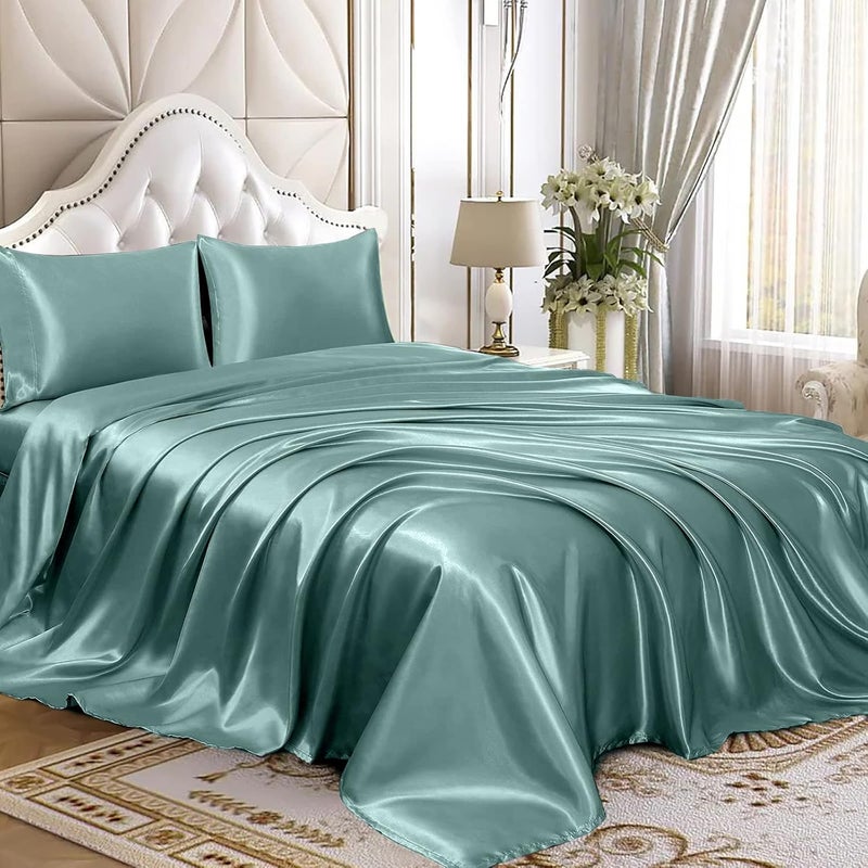 Homiest مجموعة هوميست المكونة من 4 قطع من أغطية الساتان الفاخرة والحريرية مع جيب عميق، 1 شرشف مطاطي + 1 شرشف مسطح + 2 كيس وسادة (مقاس كامل، أخضر رمادي) - Image 1