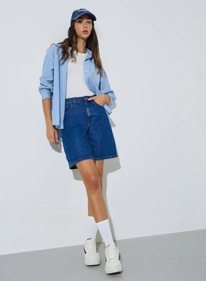 Styli Blue Striped Longline Casual Shirt