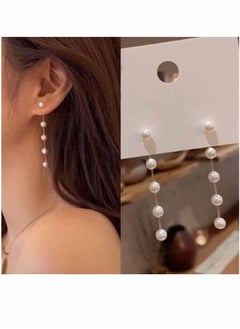 SYOSI Boho Pearl Drop Dangle Earring Gold Long Tassel Pearl Earrings Tiny Pearl Chain Earrings Vintage Earrings Jewelry for Women and Girls (Gold)  - Image 1