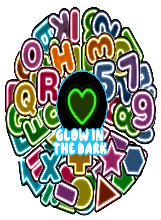 Robmoda 50 Pcs Glow in The Dark Neon Alphabet Number Stickers, Vinyl Letter A-Z Number Geometric Pattern Laptop Decals, Phone Case Luggage Scrapbook Mug DIY Decor - Image 1