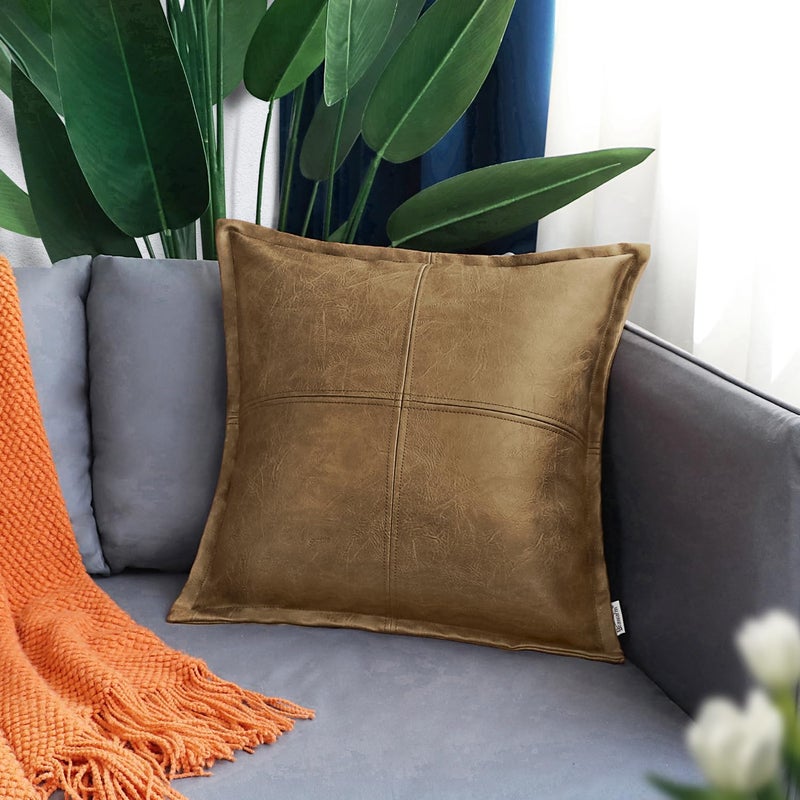 BRAWARM Khaki Leather Throw Pillow 22 X 22 Inches - Faux Leather Pillow Cover with Piping, Hand Stitched Leather Decorative Throw Pillow Covers for Couch Sofa Bed Living Room Garden - Image 2