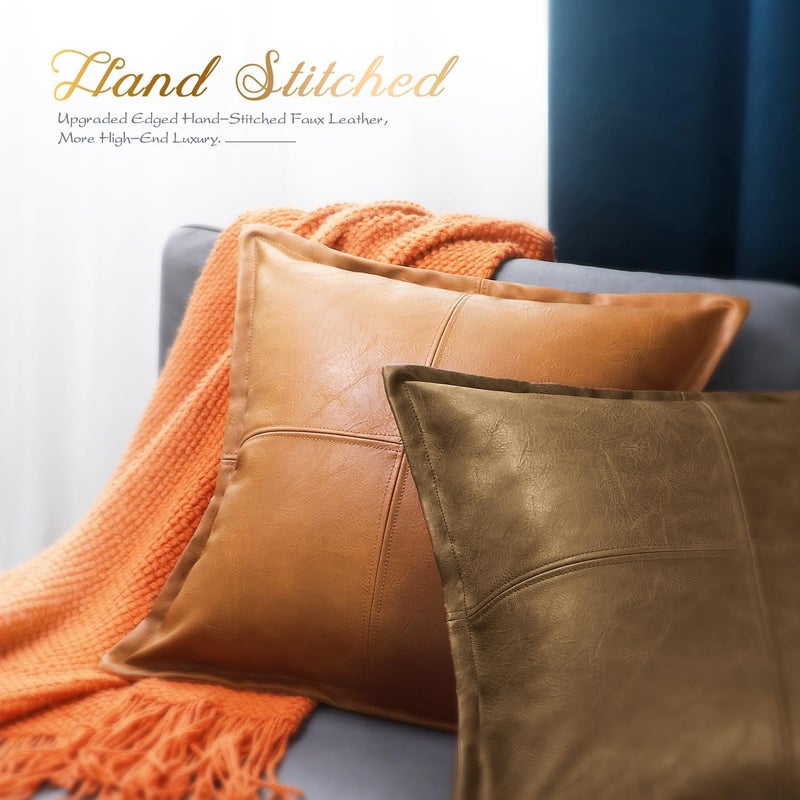 BRAWARM Khaki Leather Throw Pillow 22 X 22 Inches - Faux Leather Pillow Cover with Piping, Hand Stitched Leather Decorative Throw Pillow Covers for Couch Sofa Bed Living Room Garden - Image 4