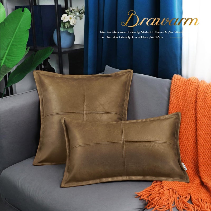 BRAWARM Khaki Leather Throw Pillow 22 X 22 Inches - Faux Leather Pillow Cover with Piping, Hand Stitched Leather Decorative Throw Pillow Covers for Couch Sofa Bed Living Room Garden - Image 5
