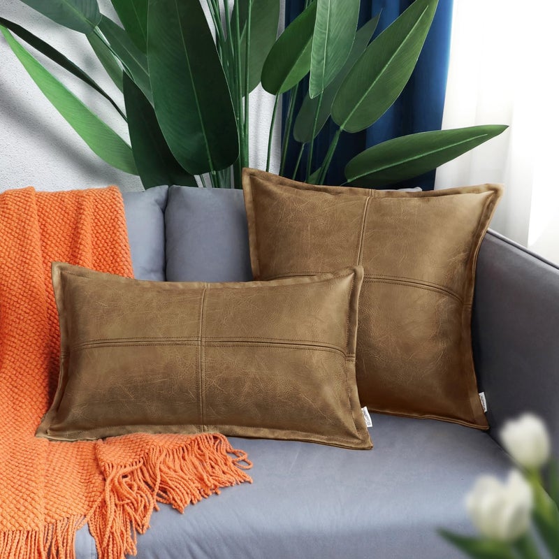BRAWARM Khaki Leather Throw Pillow 22 X 22 Inches - Faux Leather Pillow Cover with Piping, Hand Stitched Leather Decorative Throw Pillow Covers for Couch Sofa Bed Living Room Garden - Image 3