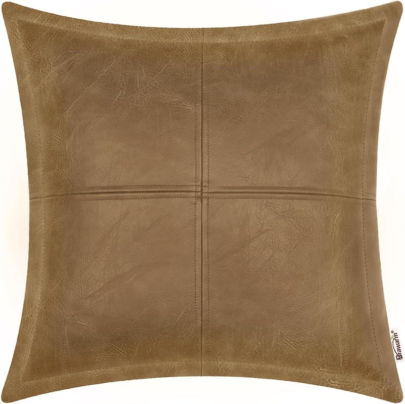 BRAWARM Khaki Leather Throw Pillow 22 X 22 Inches - Faux Leather Pillow Cover with Piping, Hand Stitched Leather Decorative Throw Pillow Covers for Couch Sofa Bed Living Room Garden - Image 1