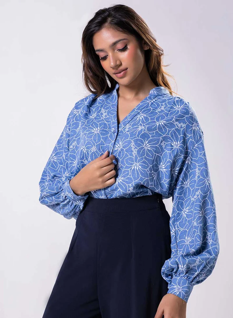 V Neck Mandarine Collar Top-Blue