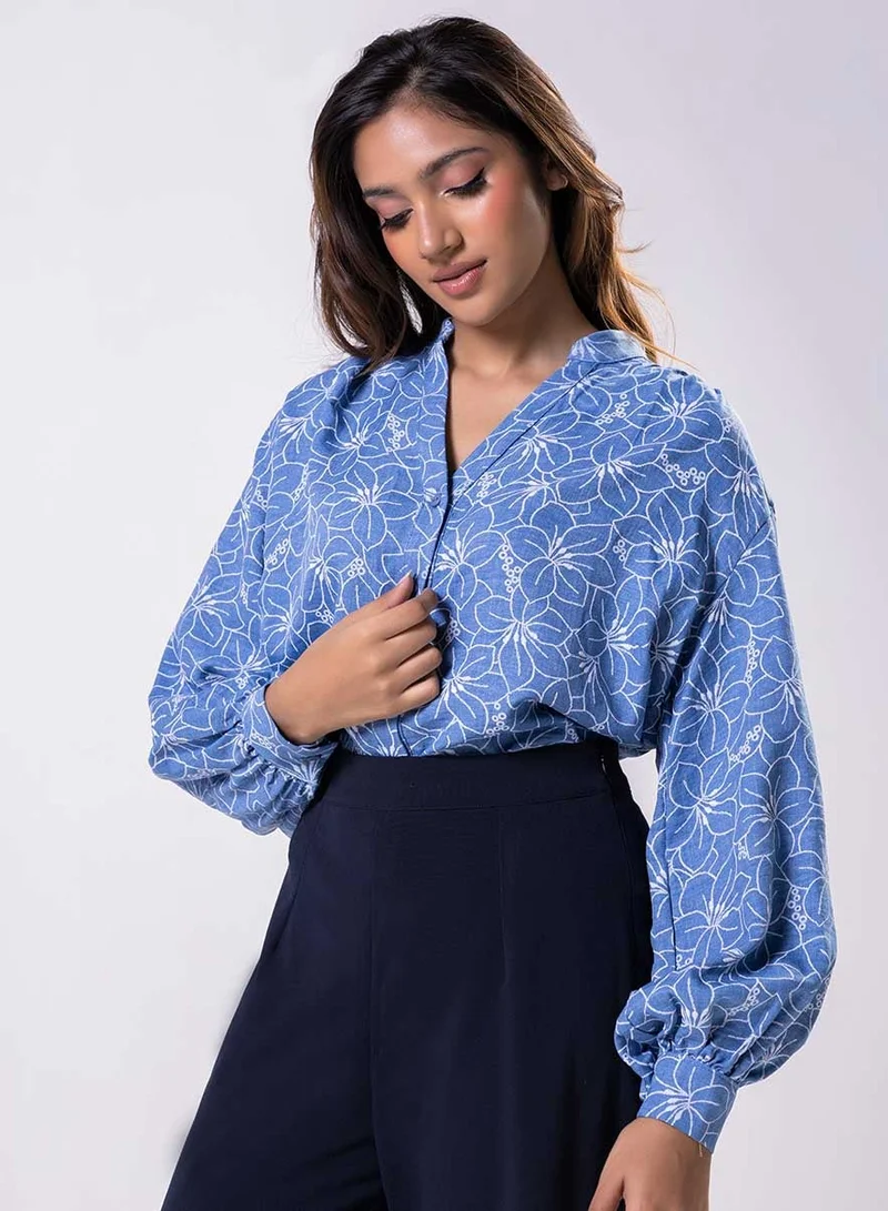 Zigzag V Neck Mandarine Collar Top-Blue