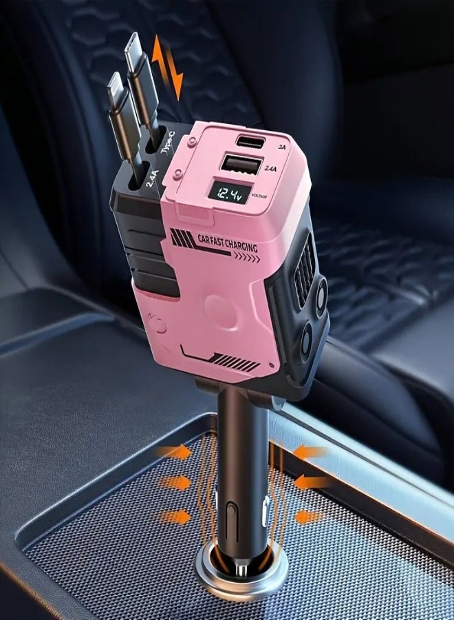 AROAQ 4-in-1 Retractable Car Charger with Extra-Long Cables & Fast Charging – Mechanical Style 180° Adjustable Plug, Dual USB Ports + 2 Built-In 31.5" Cables – Compatible with iPhone, Samsung, S23/S22, Pixel & More – Universal Car Accessory , Pink - Image 1