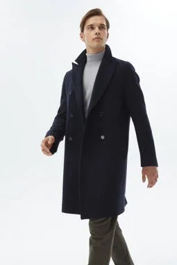 كيب Navy Blue Woven Double Breasted Coat