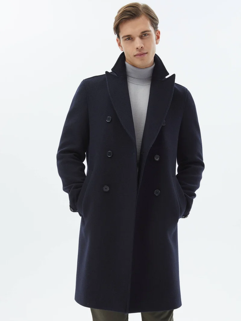كيب Navy Blue Woven Double Breasted Coat