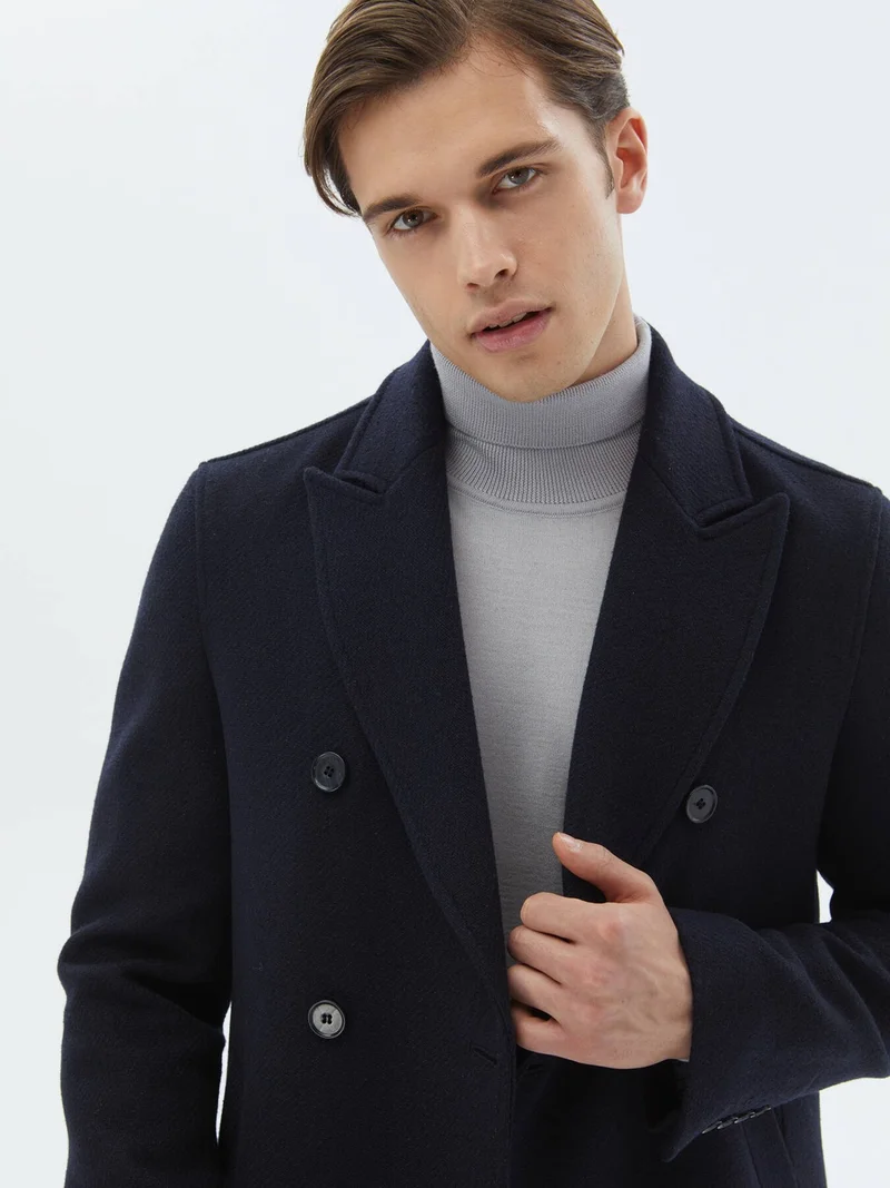 كيب Navy Blue Woven Double Breasted Coat