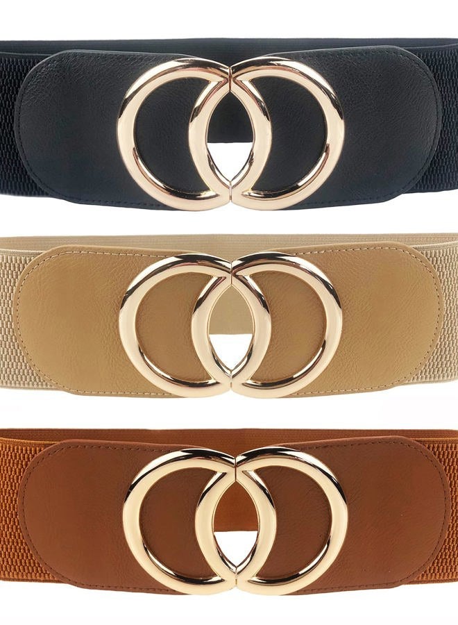 Swtddy Women's Elastic Wide Stretchy Waist Cinch Belt Waistband For Dresses, Golden O Design Black+khaki+camel, Suit For Waist Size 36"-45" - Image 1