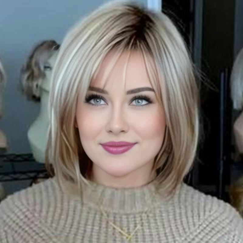 RENERSHOW Medium Length Bob Wigs for White Women Layered Blonde Highlight Straight Pixie Bob Wig with Bangs Heat Synthetic Natural Daily Party Wig 12inch Average Size Wig - Image 1