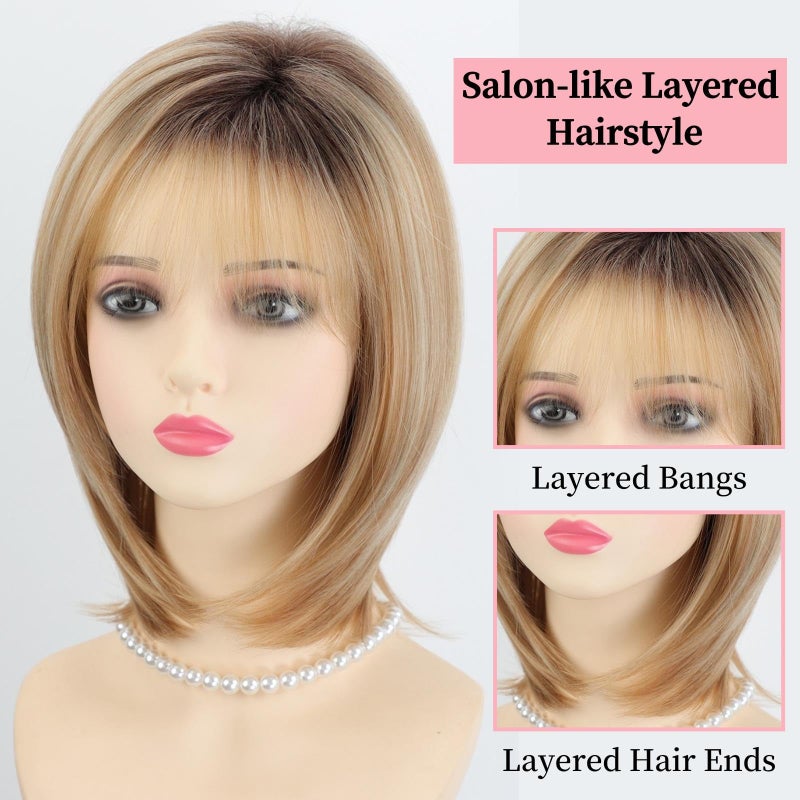 RENERSHOW Medium Length Bob Wigs for White Women Layered Blonde Highlight Straight Pixie Bob Wig with Bangs Heat Synthetic Natural Daily Party Wig 12inch Average Size Wig - Image 4