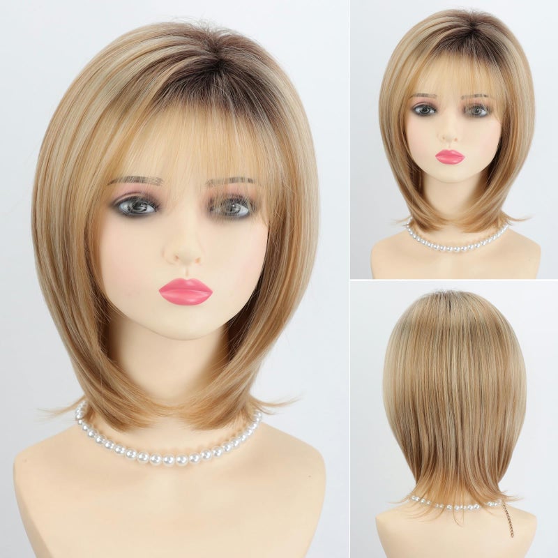 RENERSHOW Medium Length Bob Wigs for White Women Layered Blonde Highlight Straight Pixie Bob Wig with Bangs Heat Synthetic Natural Daily Party Wig 12inch Average Size Wig - Image 2