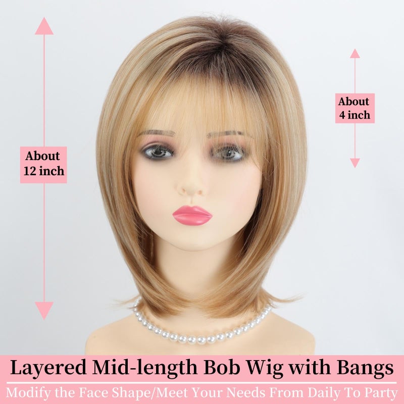 RENERSHOW Medium Length Bob Wigs for White Women Layered Blonde Highlight Straight Pixie Bob Wig with Bangs Heat Synthetic Natural Daily Party Wig 12inch Average Size Wig - Image 3