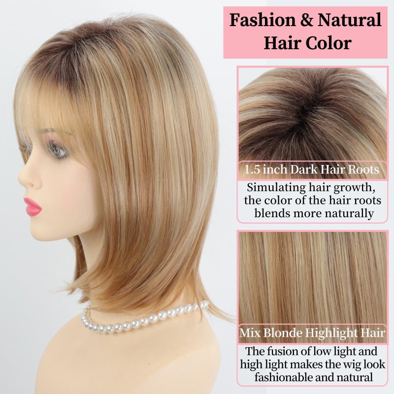 RENERSHOW Medium Length Bob Wigs for White Women Layered Blonde Highlight Straight Pixie Bob Wig with Bangs Heat Synthetic Natural Daily Party Wig 12inch Average Size Wig - Image 5