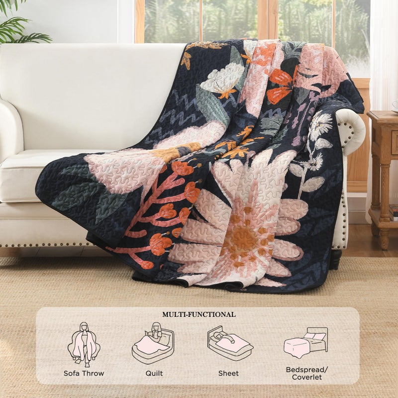 Andency Floral Boho California King Quilt Bedding Set Black, 3 Pieces Farmhouse Flower Botanical Summer Bedspreads with 2 Shams, Soft Reversible Lightweight Microfiber Coverlet Set, 104"x112" - Image 4