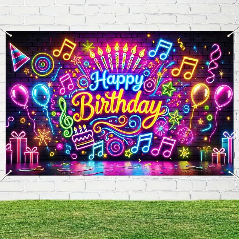Themed birthday background banner, neon light effect birthday party decoration [180x110cm] punched with 10 meters rope - Image 4