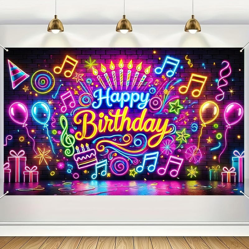 Themed birthday background banner, neon light effect birthday party decoration [180x110cm] punched with 10 meters rope - Image 3