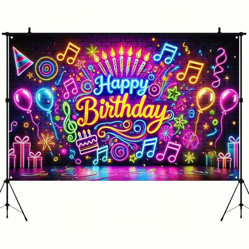 Themed birthday background banner, neon light effect birthday party decoration [180x110cm] punched with 10 meters rope - Image 1