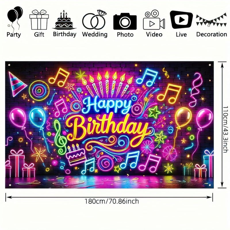 Themed birthday background banner, neon light effect birthday party decoration [180x110cm] punched with 10 meters rope - Image 2