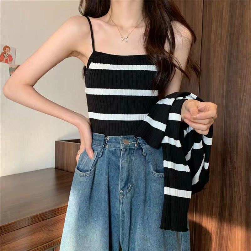 Striped Knit Cardigan  Tank Top Set for Women 6A76-1 black/white vest 