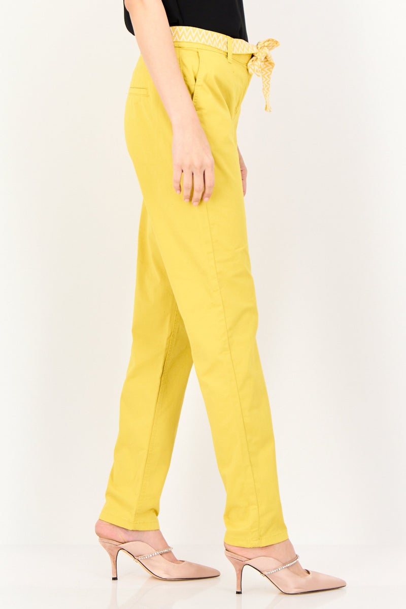 promod Women Solid Straight Leg Pants With Belt, Mustard - Image 2