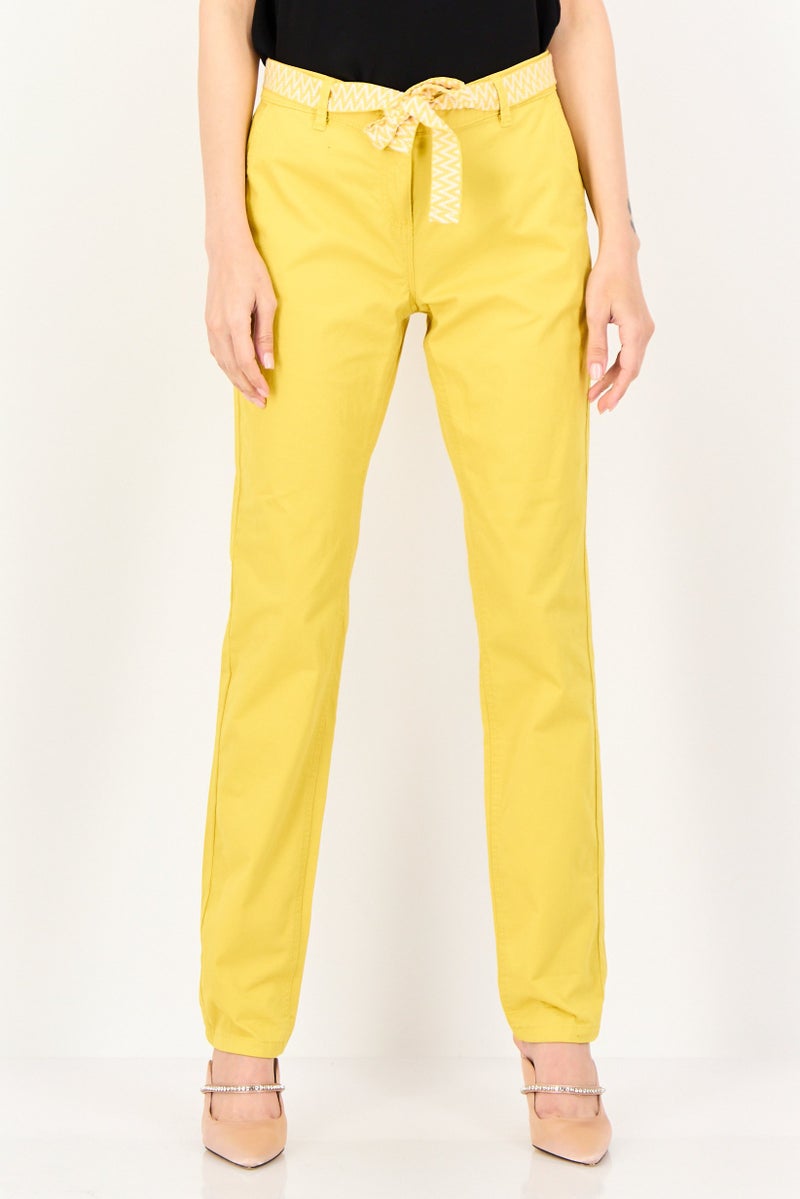 promod Women Solid Straight Leg Pants With Belt, Mustard - Image 1