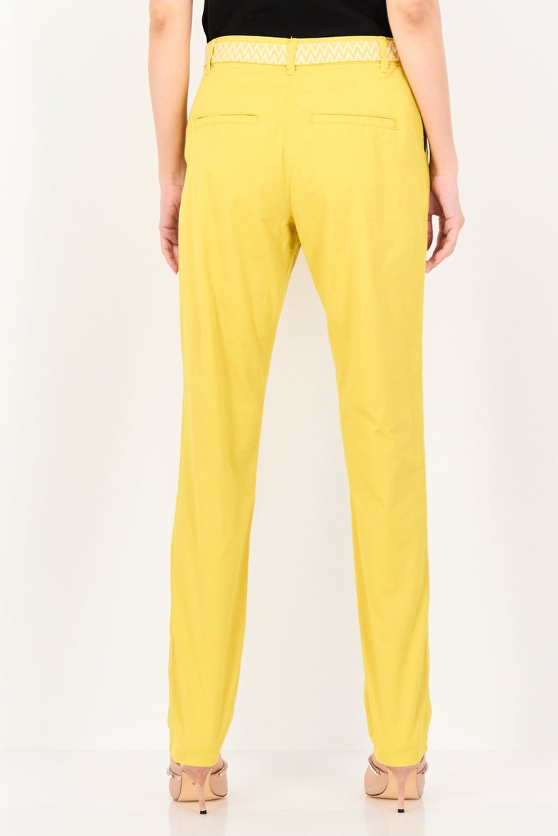promod Women Solid Straight Leg Pants With Belt, Mustard - Image 3