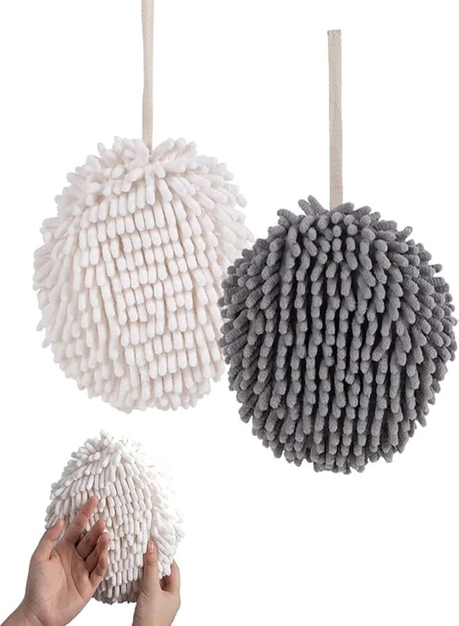 NC Hand Towels Chenille Towel Set Kitchen Towels Hangable Soft and Super Absorbent (2 Pieces, Gray and White)