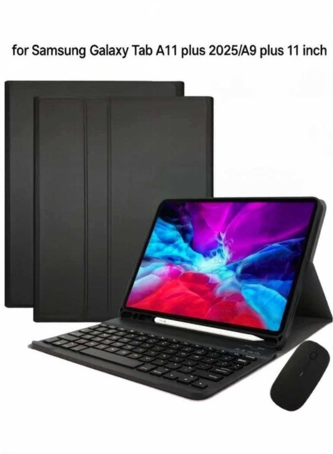 علبة لوحة مفاتيح ثنائية اللغة لهاتف سامسونج جالاكسي A11 بلس 2025 / تابلت A9 بلس 11 إنش، لوحة مفاتيح لاسلكية قابلة للفصل مع حامل قلم، حافظة ذكية من الجلد فائق النحافة مع ماوس.