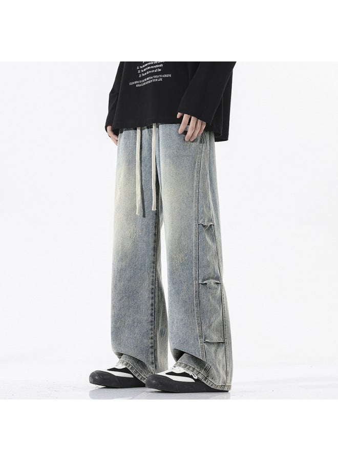 Men's Fashion Brand Old All-match Dipped Jeans Men's Niche Straight Pleated Stitching Wide-leg Trousers