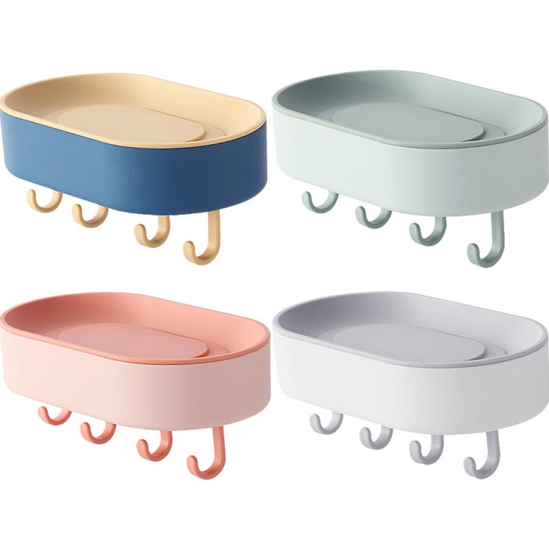 4Pcs Adhesive Plastic Soap Holder Set With Hooks Draining Dish Rack For Bathroom Kitchen No Drill Installation - Image 2