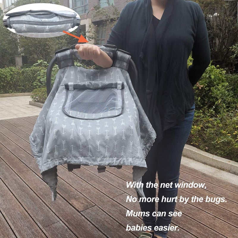 ICOPUCA Car seat Covers for Babies boy Girl, Carseat Canopy for Newborn Carrier, 2 Layers Windows of mesh/Fabric, No Shifting on Carrier Handle, Handle Cushion, Cotton & Grey Minky - Image 2
