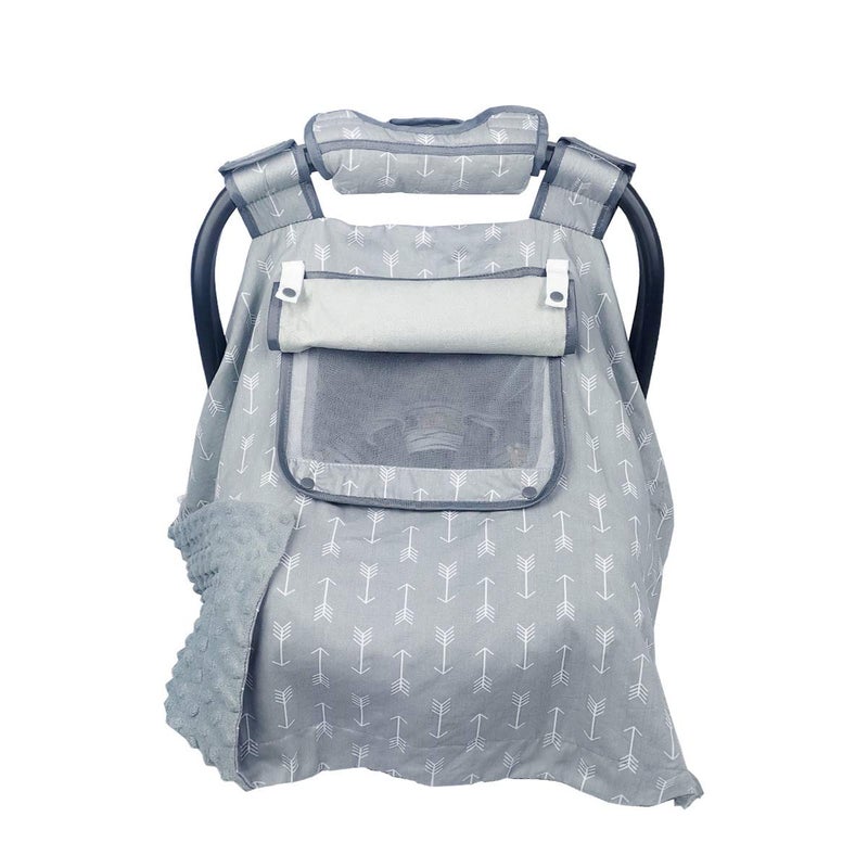 ICOPUCA Car seat Covers for Babies boy Girl, Carseat Canopy for Newborn Carrier, 2 Layers Windows of mesh/Fabric, No Shifting on Carrier Handle, Handle Cushion, Cotton & Grey Minky - Image 1