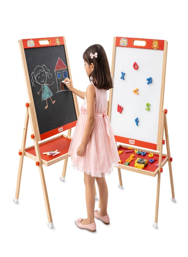 Wudly 2in1 Wooden Easel Board for Kids - Double Sided Magnetic Whiteboard and Blackboard with Chalk Duster Marker Adjustable Height Drawing & Writing Board Learning Writing Board for 3+ Years - Image 1
