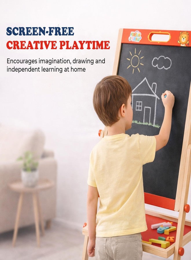 Wudly 2in1 Wooden Easel Board for Kids - Double Sided Magnetic Whiteboard and Blackboard with Chalk Duster Marker Adjustable Height Drawing & Writing Board Learning Writing Board for 3+ Years - Image 3