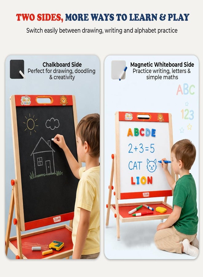 Wudly 2in1 Wooden Easel Board for Kids - Double Sided Magnetic Whiteboard and Blackboard with Chalk Duster Marker Adjustable Height Drawing & Writing Board Learning Writing Board for 3+ Years - Image 5