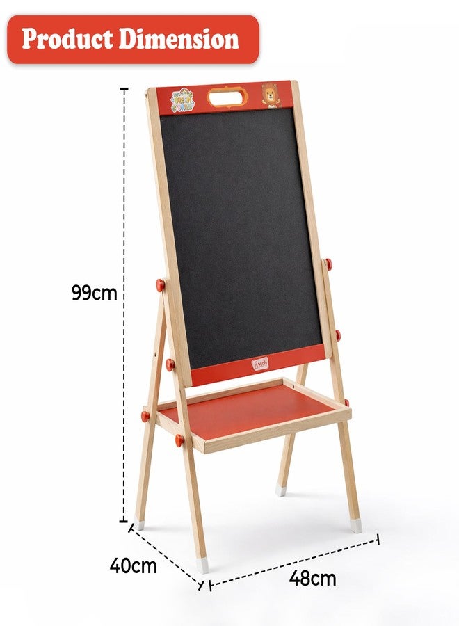 Wudly 2in1 Wooden Easel Board for Kids - Double Sided Magnetic Whiteboard and Blackboard with Chalk Duster Marker Adjustable Height Drawing & Writing Board Learning Writing Board for 3+ Years - Image 2
