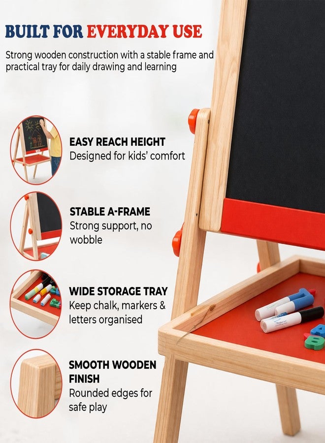 Wudly 2in1 Wooden Easel Board for Kids - Double Sided Magnetic Whiteboard and Blackboard with Chalk Duster Marker Adjustable Height Drawing & Writing Board Learning Writing Board for 3+ Years - Image 4