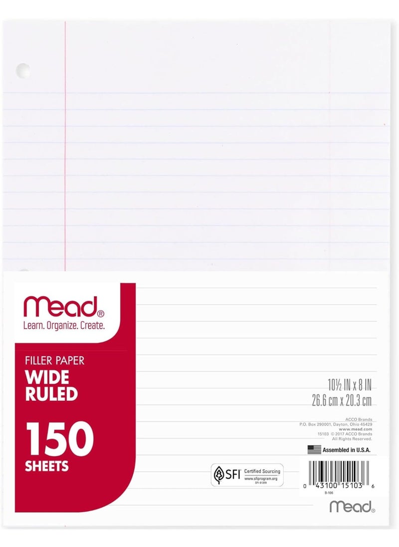 Mead Mead Filler Paper, Loose Leaf Paper, Wide Ruled Paper, 150 Sheets, 10-1/2" x 8", White (15103)  - Image 2