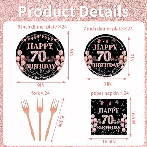 Rakuto 70th Birthday Party Plates 96PCS 70th Birthday Party Decorations Supplies Rose Gold 70th Party Tableware Plates Napkins Forks Cheers to 70th Birthday Party Decor Supplies Women 24 Guests - Image 5