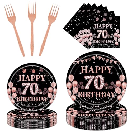 Rakuto 70th Birthday Party Plates 96PCS 70th Birthday Party Decorations Supplies Rose Gold 70th Party Tableware Plates Napkins Forks Cheers to 70th Birthday Party Decor Supplies Women 24 Guests - Image 1