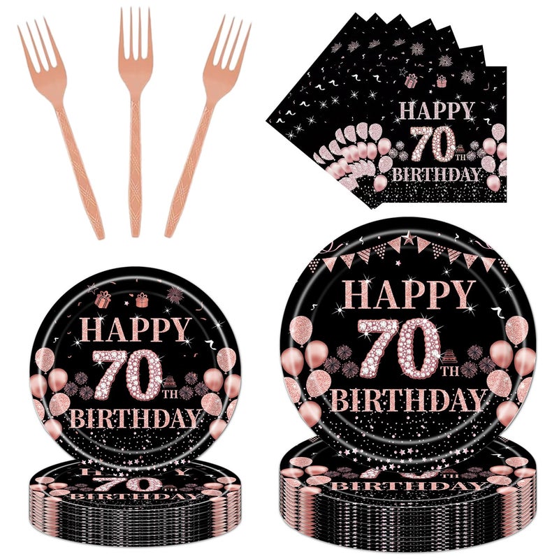 Rakuto 70th Birthday Party Plates 96PCS 70th Birthday Party Decorations Supplies Rose Gold 70th Party Tableware Plates Napkins Forks Cheers to 70th Birthday Party Decor Supplies Women 24 Guests - Image 3