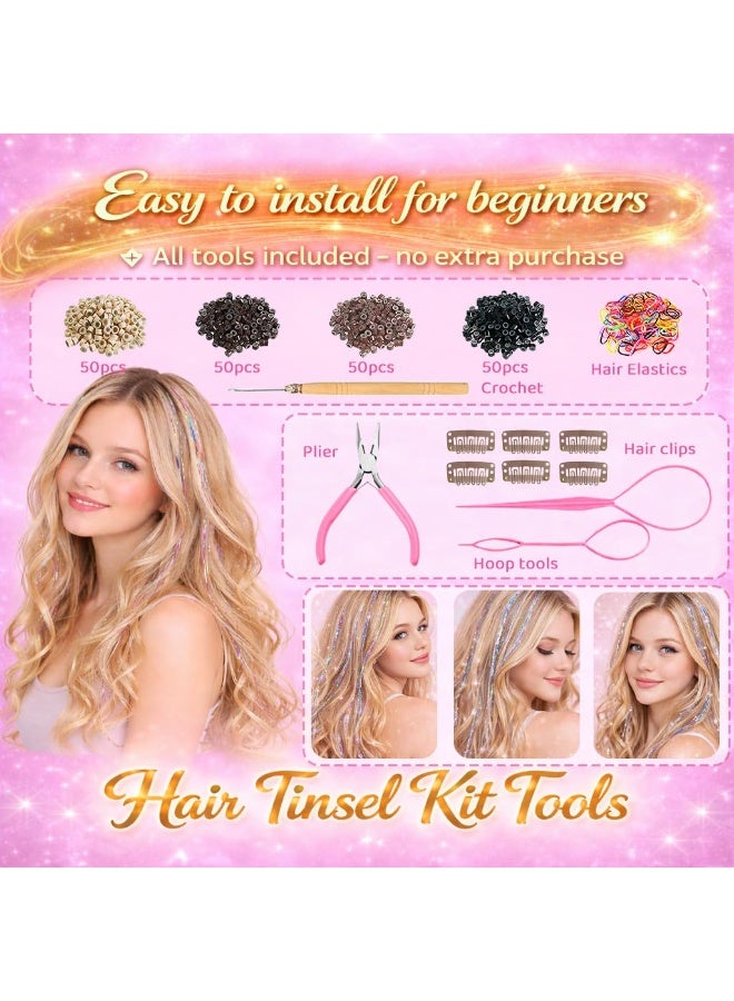 ATRJSZ Hair Tinsel, 22 Colors Fairy Hair Tinsel Kit for Girls Women 48 Inch 8800 Strands with Tools Hair Accessories Glitter Tinsel Hair Extensions for Party Festival Christmas (22 Colors Hair Tinsel Kit) - Image 4