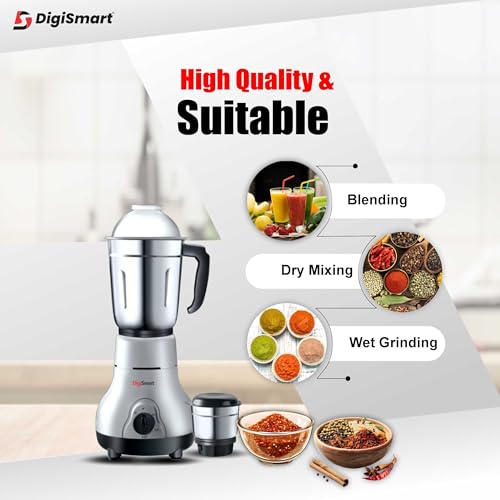 DigiSmart Kitchen Mate 600W Mixer Grinder with 2 Jars | Heavy Duty Motor | 3 Speed Control | Shock Proof ABS Body | For Smoothies, Chutney & Shakes | 2 Years Warranty | Black & Grey - Image 4