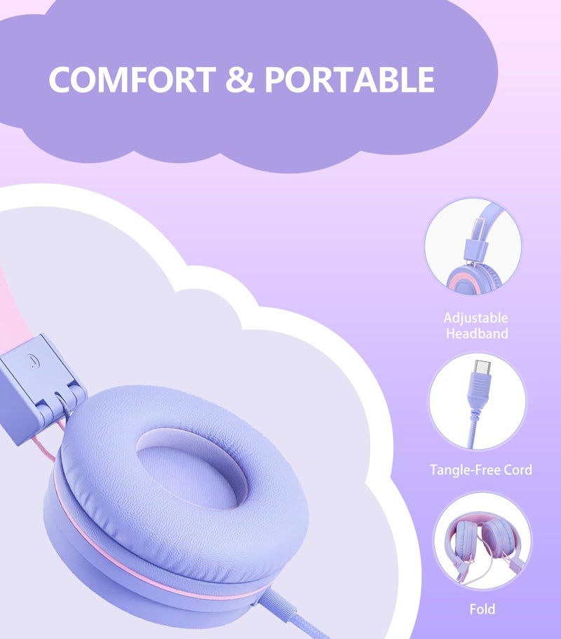 Bywulanda سماعة أطفال USB Type C من Bywulanda مع ترقية، حجم آمن محدود 94dB، صوت ستيريو عالي الدقة، سماعات خفيفة الوزن قابلة للطي للأولاد/البنات/الطلاب/الأجهزة اللوحية/السفر (بنفسجي فاتح) - Image 5
