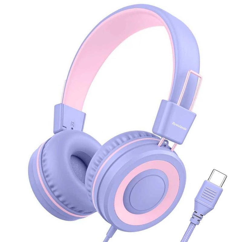 Bywulanda سماعة أطفال USB Type C من Bywulanda مع ترقية، حجم آمن محدود 94dB، صوت ستيريو عالي الدقة، سماعات خفيفة الوزن قابلة للطي للأولاد/البنات/الطلاب/الأجهزة اللوحية/السفر (بنفسجي فاتح) - Image 1