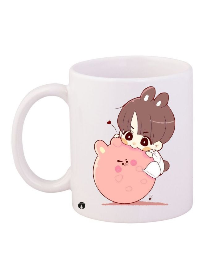 RYN Anime Printed Coffee Mug White/Pink/Brown 11ounce